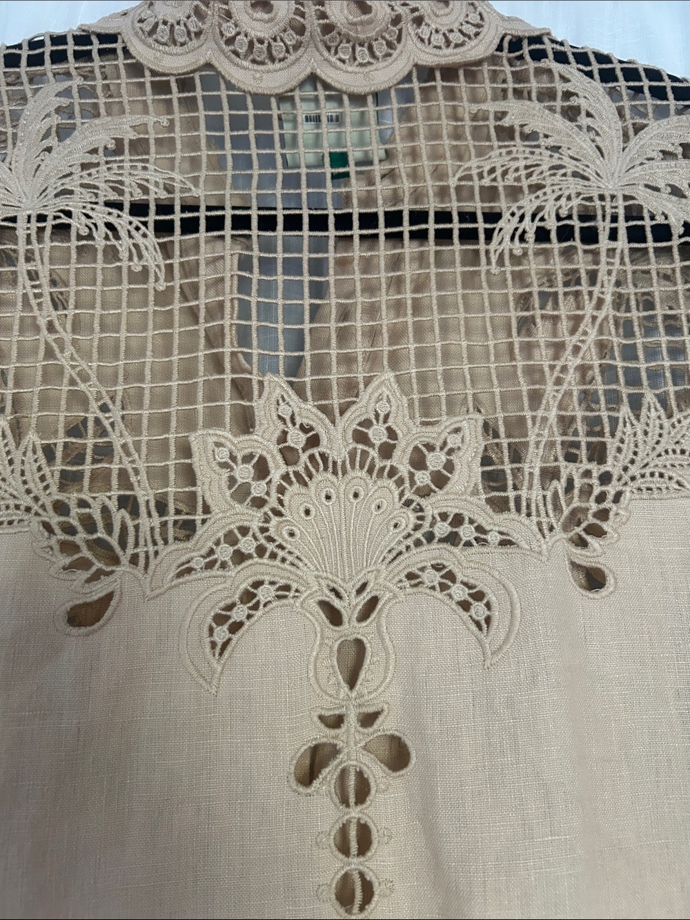 FARM Rio Palms Richelieu linen Cutwork Button-Front shirt in sand. - Picture 7 of 8
